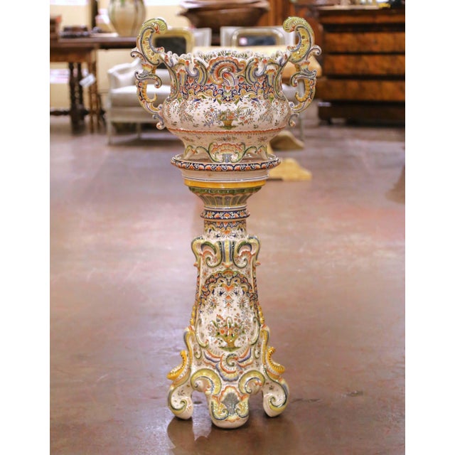 Early 20th Century French Desvres Faience Jardinière on Pedestal For Sale In Dallas - Image 6 of 16