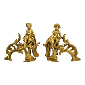 Antique Louis XV Gilt Bronze Chenets With Putti - a Pair