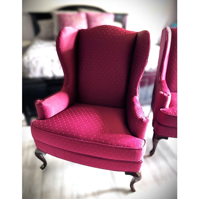 Late 20th Century Drexel Heritage Burgundy Wine Queen Anne Wingback Accent Chairs For Sale - Image 11 of 18