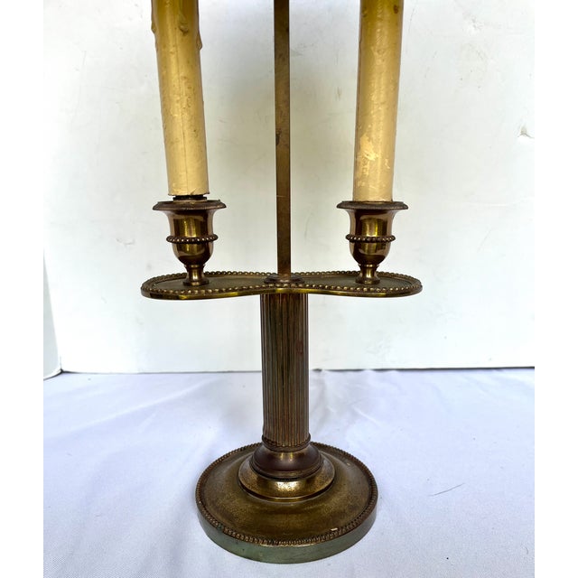Vintage French Brass Bouillotte Two Candle Lamp W/Green Metal Shade For Sale - Image 12 of 14