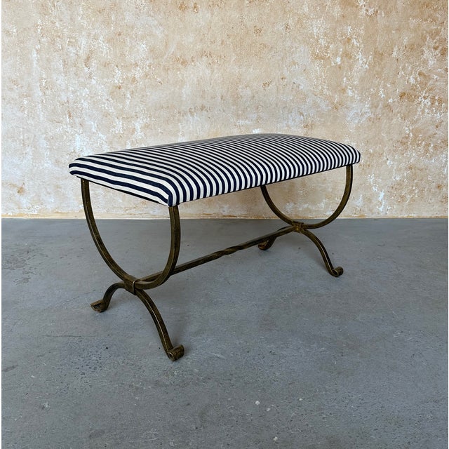 2020s Vintage Inspired Spanish Gilt Iron Bench With Scrolled Base and Striped Ticking Upholstery For Sale - Image 5 of 12