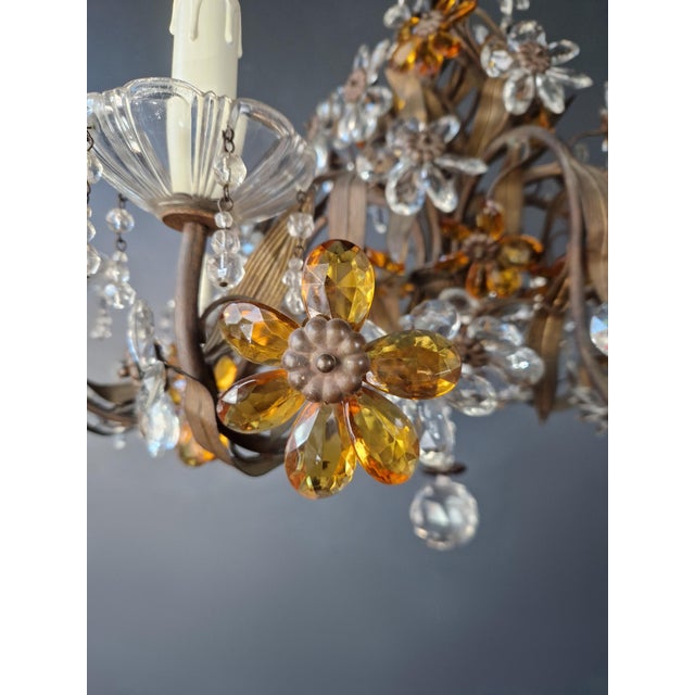 1950s Amber Crystal Glass Brass Flower Chandelier For Sale - Image 9 of 13