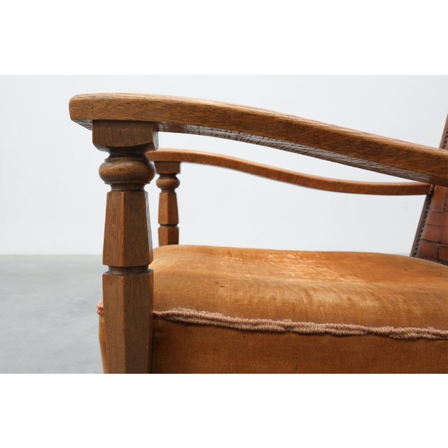 1920s Art Deco Oak Lounge Chair with Woven Leather Back and Ochre Velvet, Belgium, 1920s For Sale - Image 5 of 15