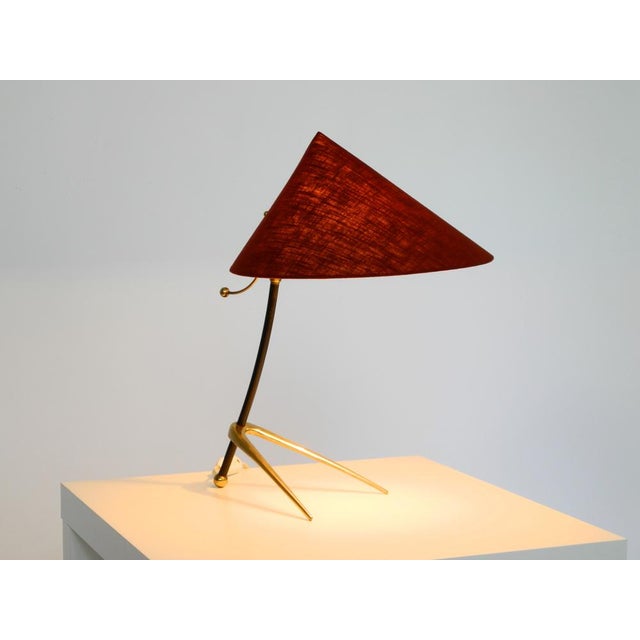 Large Mid-Century Modern Tripod Brass Table Lamp with Fabric Shade from Kalmar, 1950s For Sale - Image 6 of 18