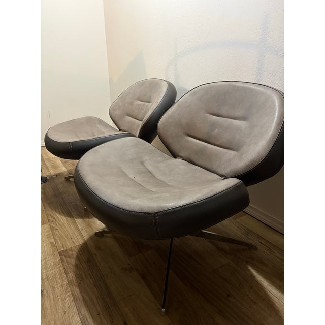 Fantastic Pair of Roche Bobois 2 Tone Leather Pivot/Swivel Arm Chairs With X Chrome Base Baseball Stitching Mink Grey Brown For Sale - Image 10 of 12