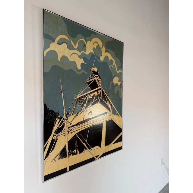 Mid-Century Modern 1980 Florilore Mid-Century Modern “Tinker Toy” Boat Painting on Board, Framed For Sale - Image 3 of 12