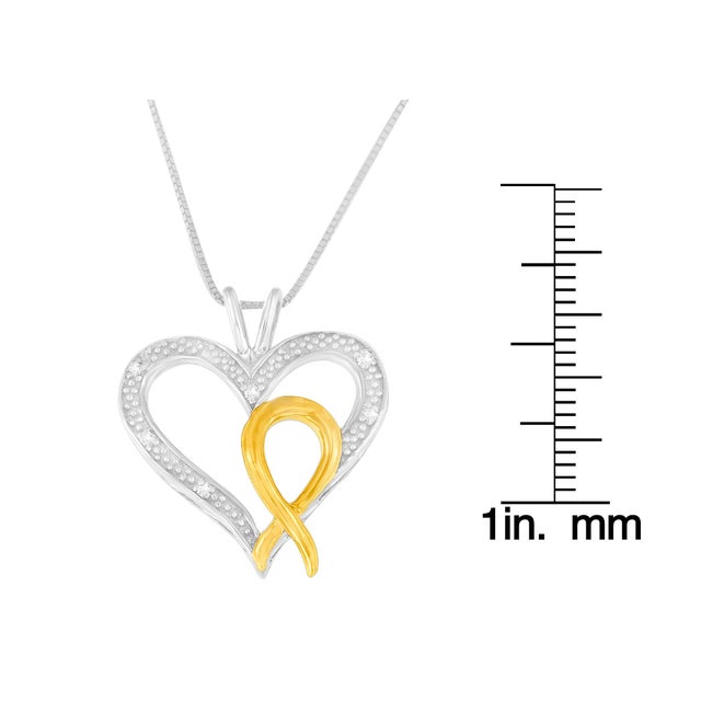 .925 Sterling Silver Two Toned 1/25 cttw Diamond Heart-Ribbon Pendant Necklace For Sale - Image 4 of 4