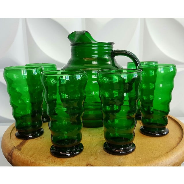 Vintage Emerald Green Pitcher & 6 Glasses Chairish