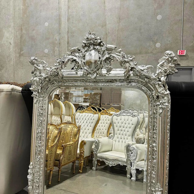 Glass French Style Silver Mirror With Angels Details For Sale - Image 7 of 7