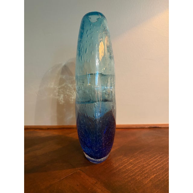 Glass Vintage Handblown Open Center Blue Art Glass Sculptural Vase With Bubbles For Sale - Image 7 of 7