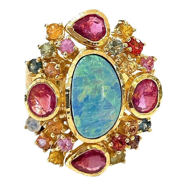 Bochic “Orient” Opal, Ruby & Multi Sapphire Vintage Cluster Ring Set 18k & Silver Size 5 For Sale