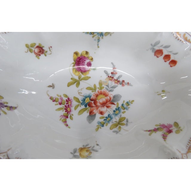 White Mid 20th Century Dresden Porcelain Serving Bowl Scalloped Rim Hand Painted Floral Details For Sale - Image 8 of 16