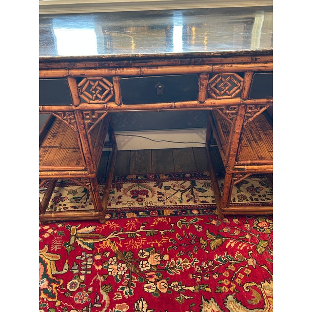 Chinoiserie Antique 19th Century Chinese Rattan Desk With Black Lacquer and Bamboo For Sale - Image 3 of 13