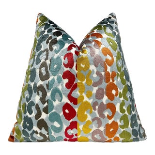 Bright Multicolored Velvet Leopard Print Throw Pillow With Feather Down Insert For Sale
