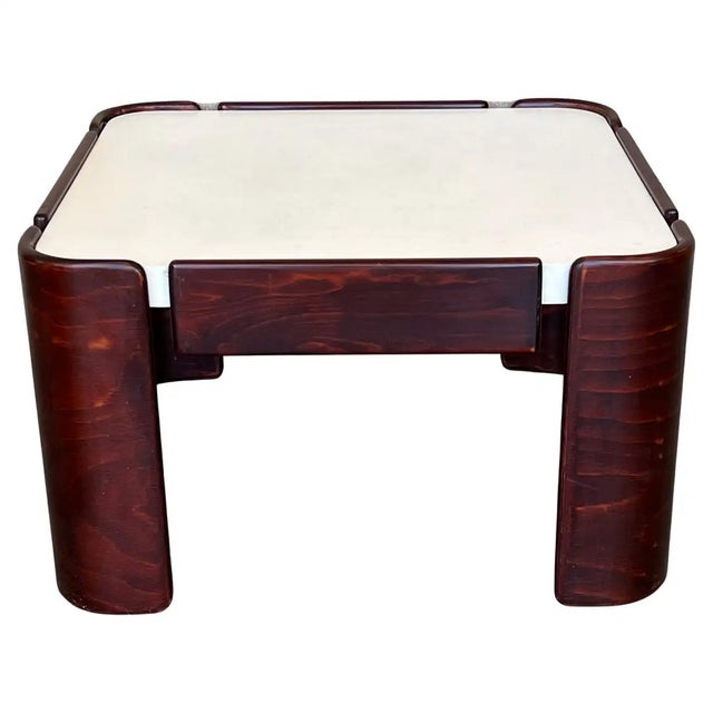 Elegant pair of mahogany coffee tables with white top in style of Afra & Tobia Scarpa for Cassina. Rectangular table :...