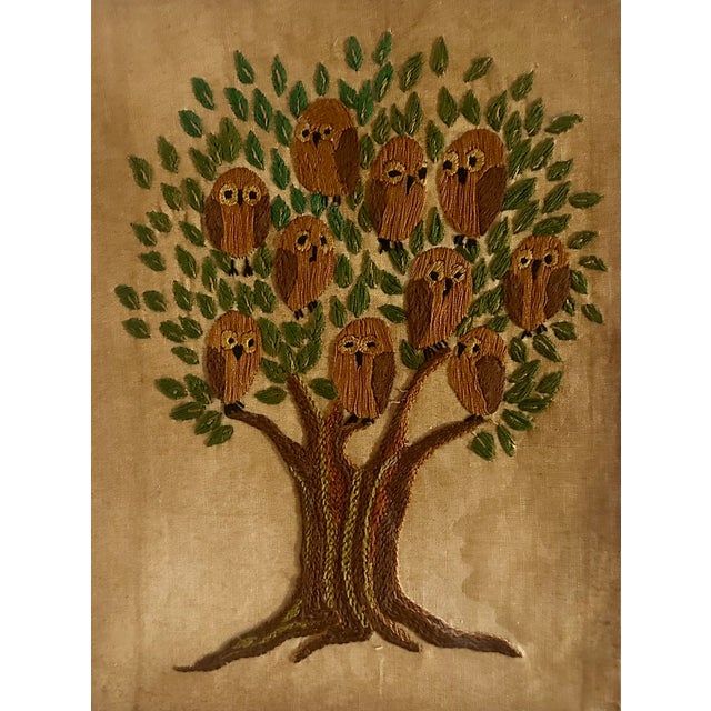 A delightful array of wise owls on the "tree of live", handmade folk art embroidery design. Wonderful vintage example...