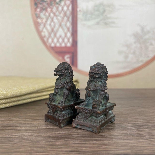 Metal Pair of Miniature Bronze Guardian Lions – 1.8" Foo Dog Statues on Pedestals For Sale - Image 7 of 9