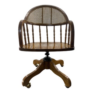 Vintage 1970s Bentwood Cane Back Swivel Desk Chair Wood Rolling Chair For Sale