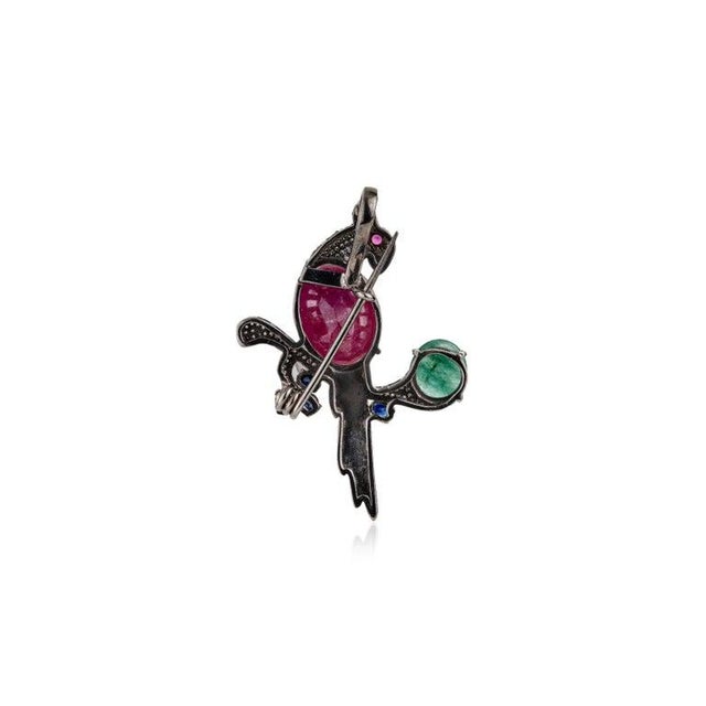 Luxury Ruby Emerald Sapphire Diamond Parrot Motif Silver Brooch Pendant For Sale - Image 6 of 14