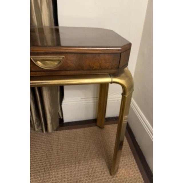 MCM Hollywood Regency executive desk burled olive wood with brass legs designed by John WIddicomb for Mastercraft. Circa...
