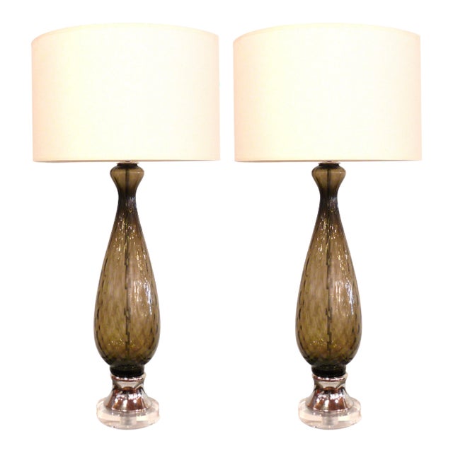 Italian Grey Glass Table Lamps - A Pair For Sale