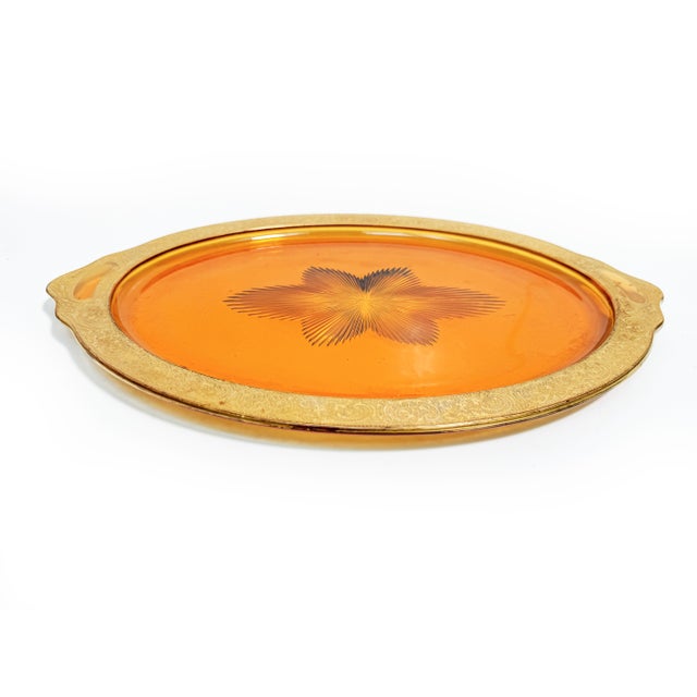 Spectacular vintage amber Elegant Glass serving tray dating to approximately the late 1920s–1930s, featuring an...