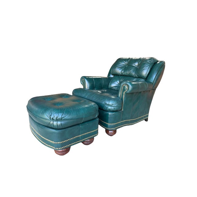 English Vintage Thomas-Bain Leather Club Chair & Ottoman Set in Peacock Teal Green | Tufted Traditional Lounge Seating For Sale - Image 3 of 18