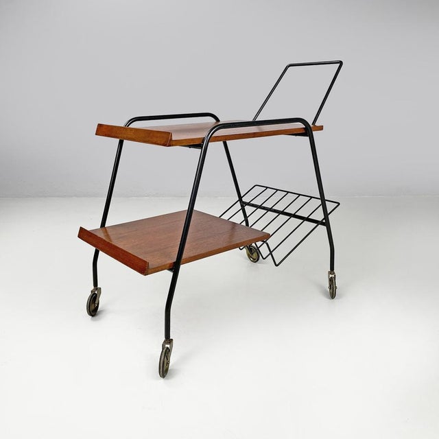 Black Mid-Century Modern Italian Wood and Black Metal Trolley with Brass Wheels, 1960s For Sale - Image 8 of 17