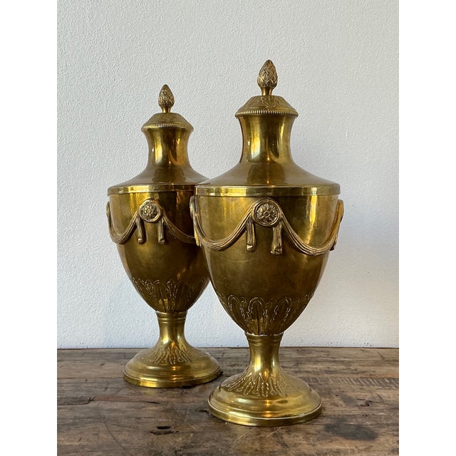 Metal Vintage Swag Brass Lidded Urns - A Pair For Sale - Image 7 of 12