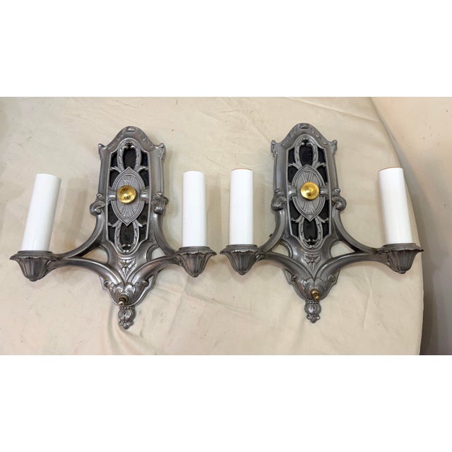 Pair of Antique Ornate 2-Arm Pewter Silver Gold Electric Wall Sconces Fixture For Sale - Image 4 of 10