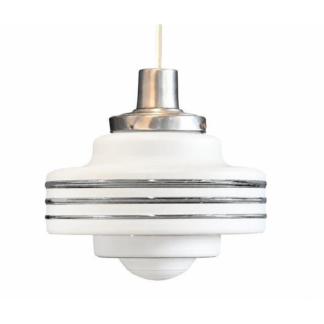 Vintage Art Deco Revival White Satin Glass Pendant Light A beautifully preserved vintage pendant light dating from...