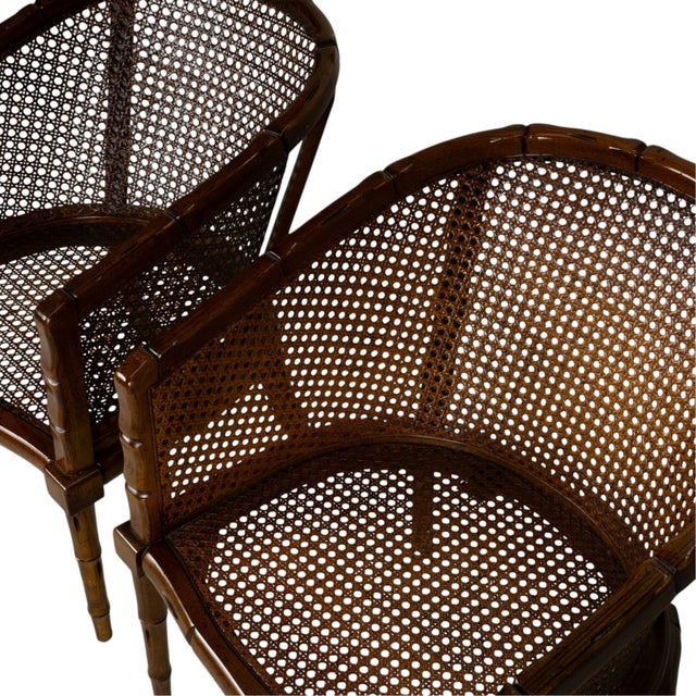 Pair Vintage Faux Bamboo Cane Barrel Chairs Hollywood Regency For Sale - Image 15 of 18