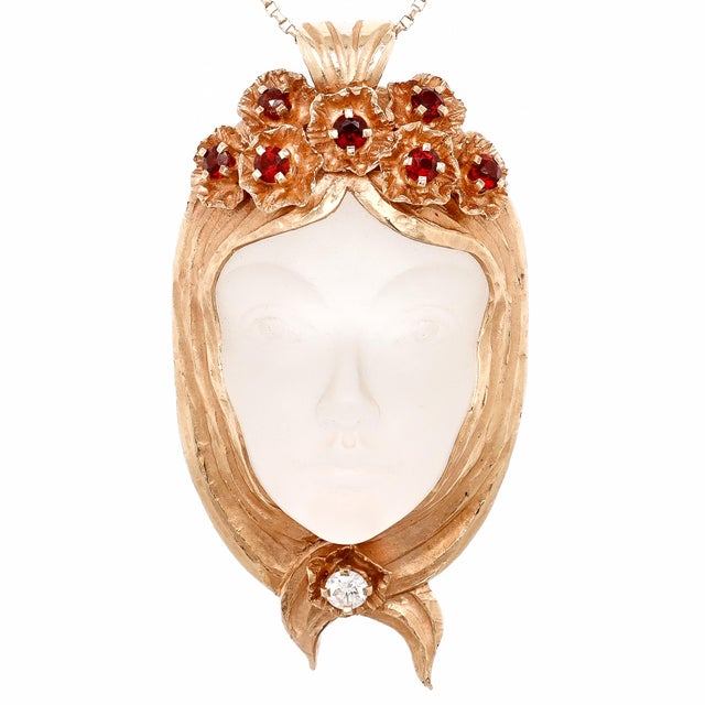 Late 20th Century Walter Bauscher 14k Gold, Rock Crystal, Garnet, and Diamond Figural Face Pendant For Sale - Image 5 of 14