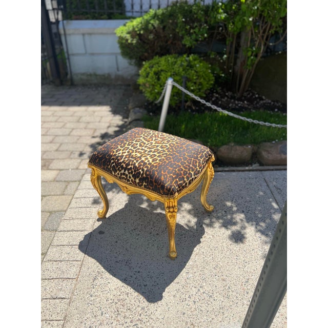 1960s Leopard Animal Print Louis XV Gold Leaf Bench Stool Ottoman For Sale - Image 4 of 4