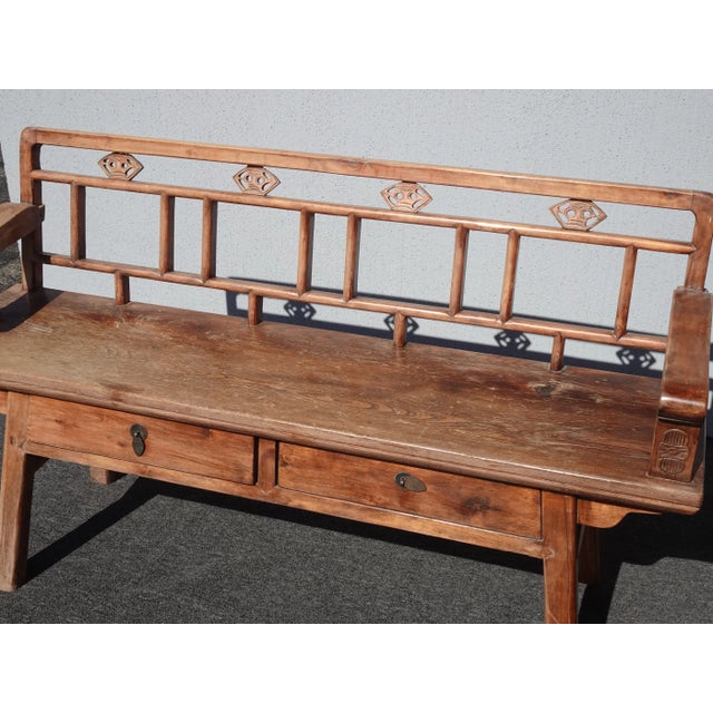 Vintage Rustic Chinoiserie Teak Bench W Two Drawers For Sale - Image 4 of 17
