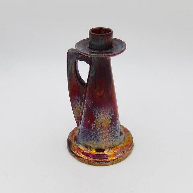 Antique Red Metallic Lustre Art Pottery Candle Holder With Gold and Blue Accents For Sale In Los Angeles - Image 6 of 12