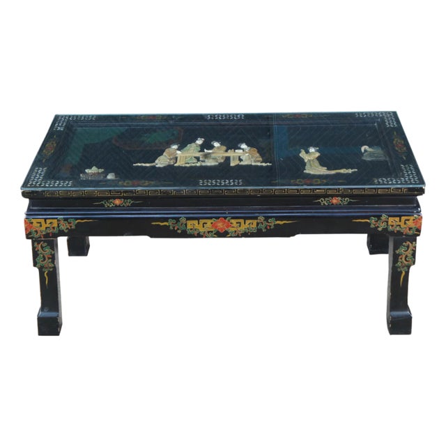 Vintage Chinese Black Lacquer Figural Soapstone Folding Coffee Table Chinoiserie For Sale