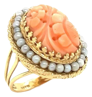 Coral Seed Pearls 14k Yellow Gold Oval Top Floral Ring, Size 6.5
