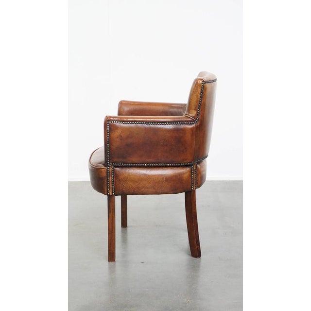 Cognac Colored Sheepskin Dining Room Chair with Armrests For Sale - Image 5 of 15