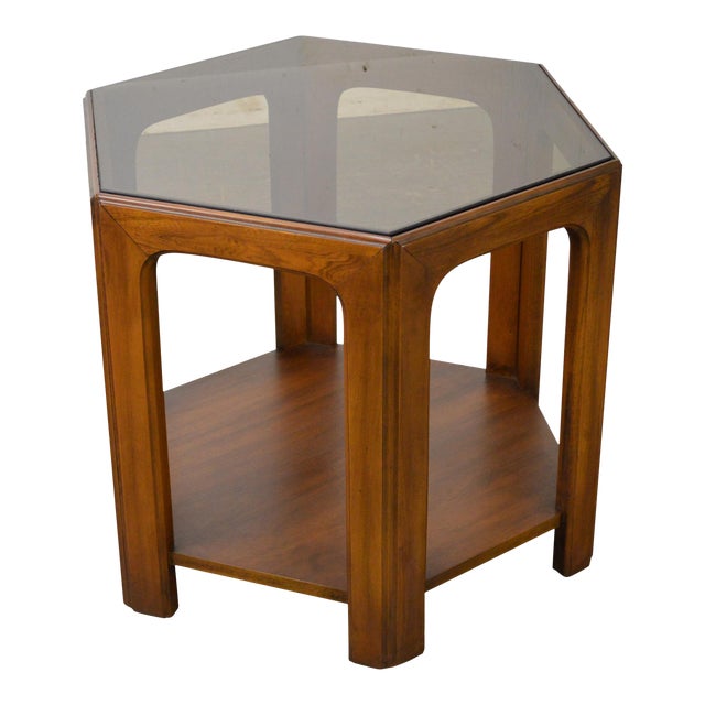 Mid Century Modern Walnut Glass Top Hexagon Side Table | Chairish