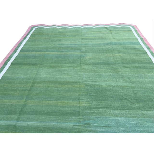 Forest Green Handwoven Cotton Area Rug Vegetable Dyed Forest Green and Pink Border Scalloped Dhurrie - 12'x15' For Sale - Image 8 of 10