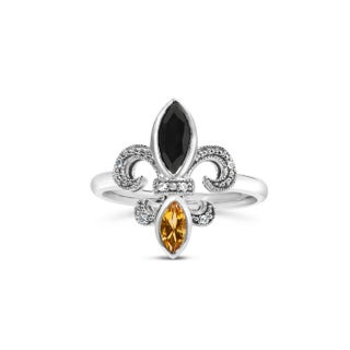 .925 Sterling Silver Black Onyx and Yellow Citrine Marquise and Diamond Accent Fleur De Lis Ring (H-I Color, SI1-SI2 Clarity) - Size 8 For Sale
