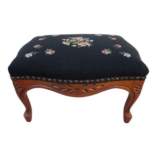 French Louis XV Style Footstool With Black & Floral Motif Needlepoint Cushion For Sale