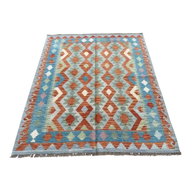 Hand-Woven Afghan Kilim Rug | Vibrant Geometric Design in Blue and Orange For Sale