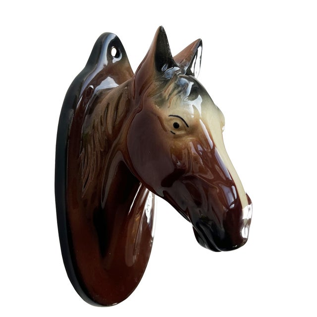 American Vintage Glazed Ceramic Horse Head Wall Vase, Equestrian Hanging Planter For Sale - Image 3 of 7