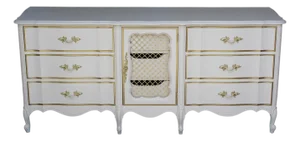 1970s Vintage French Provincial Champagne Pink Dresser of Nine Drawers