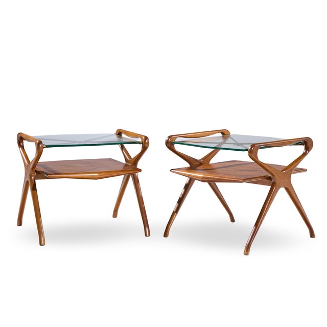 Mid-Century Modern Cesare Lacca Style Mid Century Italian Walnut and Brass Side Tables - Pair For Sale - Image 3 of 11