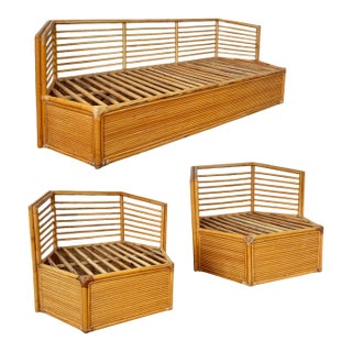 Mid-20th Century Hexagonal Mid Century Stacked Rattan Sofa & Pair of Lounge Chairs Living Room Set, 3 Pieces For Sale