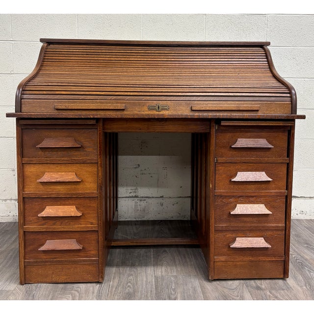 Mission Antique American Mission Arts and Crafts Quarter Sawn White Oak Roll Top Desk For Sale - Image 3 of 14