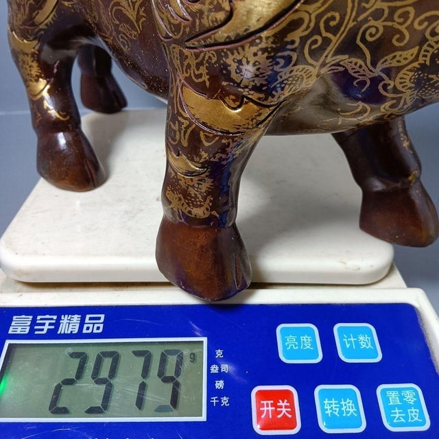 Brass Vintage Gilt-Decorated Brass Bull Sculpture / Chinese Feng Shui Ox Statue For Sale - Image 8 of 9